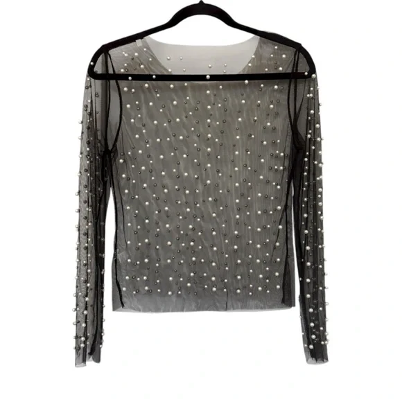 Pearl Embellished Sheer Long Sleeve Top Black - Picture 3 of 5